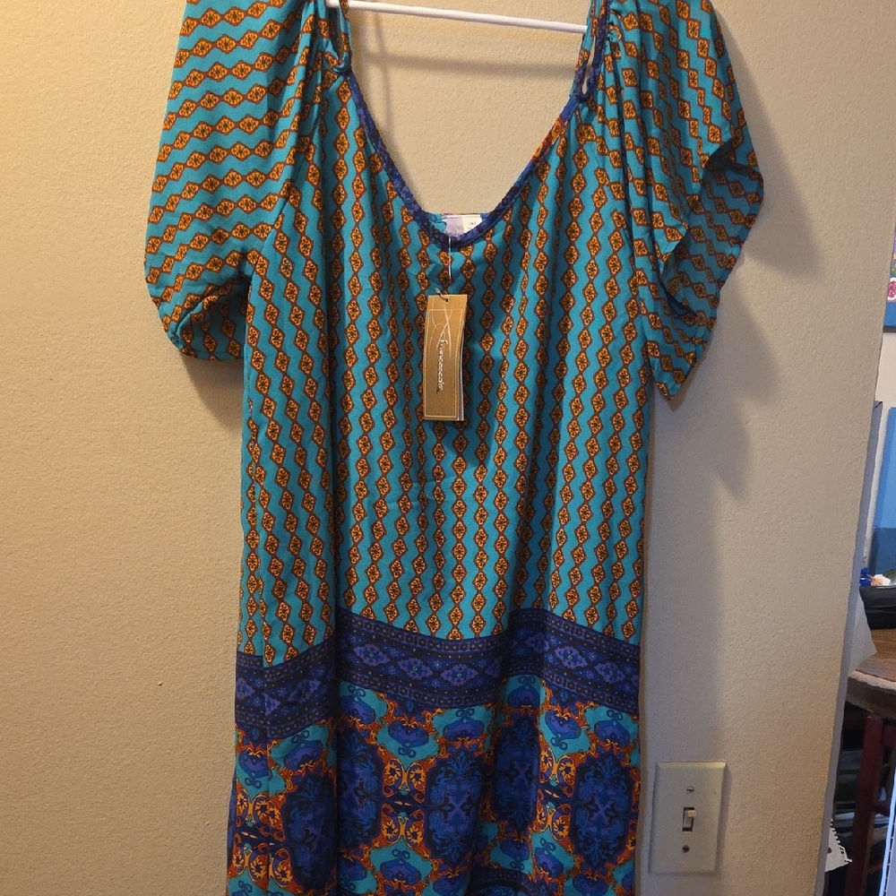 Francesca's Collections Teal and Orange Patterned Dress